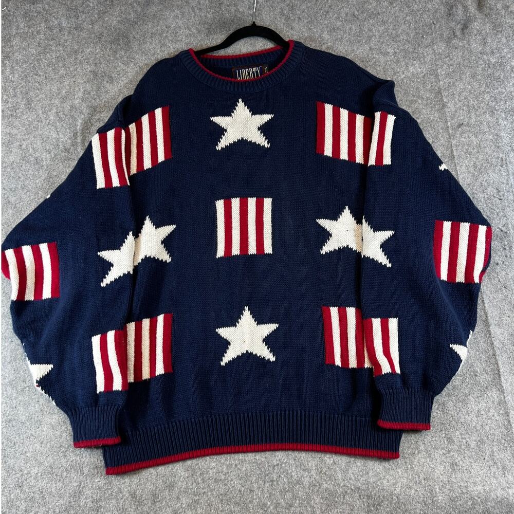 Vintage 90s Liberty Sweater Mens Large Blue Patriotic Stars Striped Pullover USA